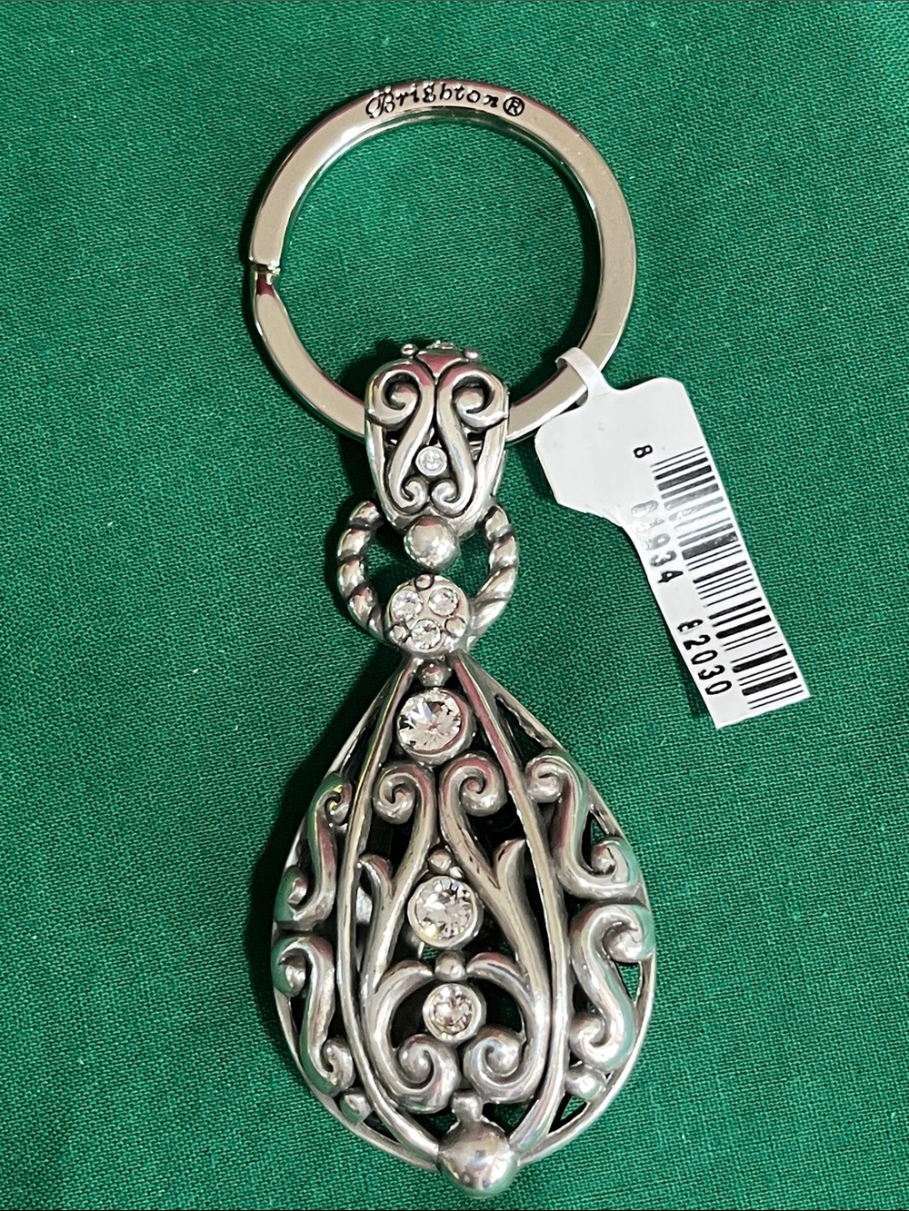 Brighton NWT And pouch,Silver-Tone Teardrop Filigree Keyring with Clear Crystals